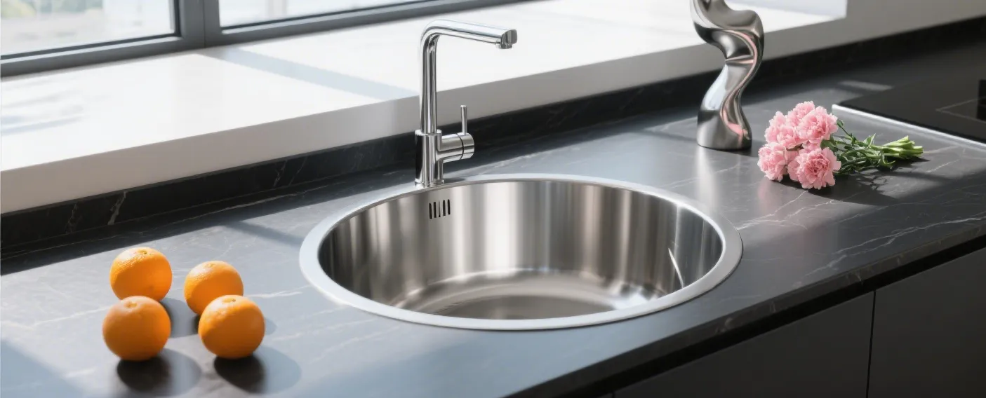 Modern kitchen with rectangular stainless steel sink embedded in white countertop with wooden cabinets below, silver faucet, and kitchen items including plates and bottles